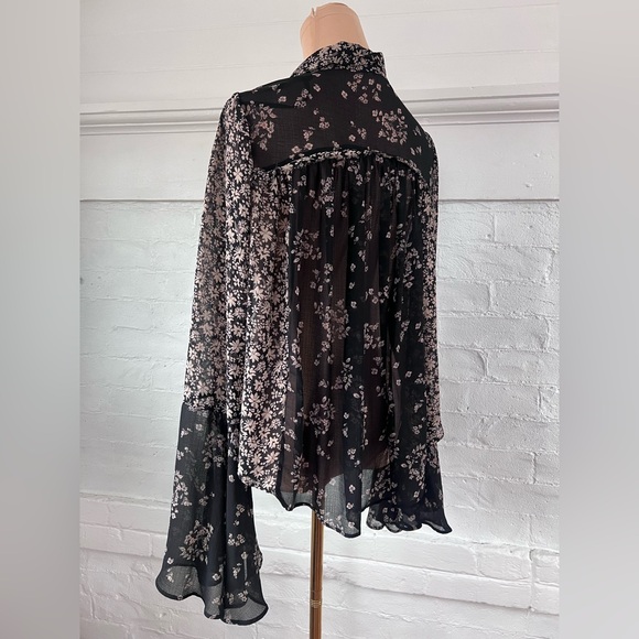FreePeople Serena Black Floral Blouse Sheer Button Up Ditzy Cottage Witch Size M - Picture 6 of 16